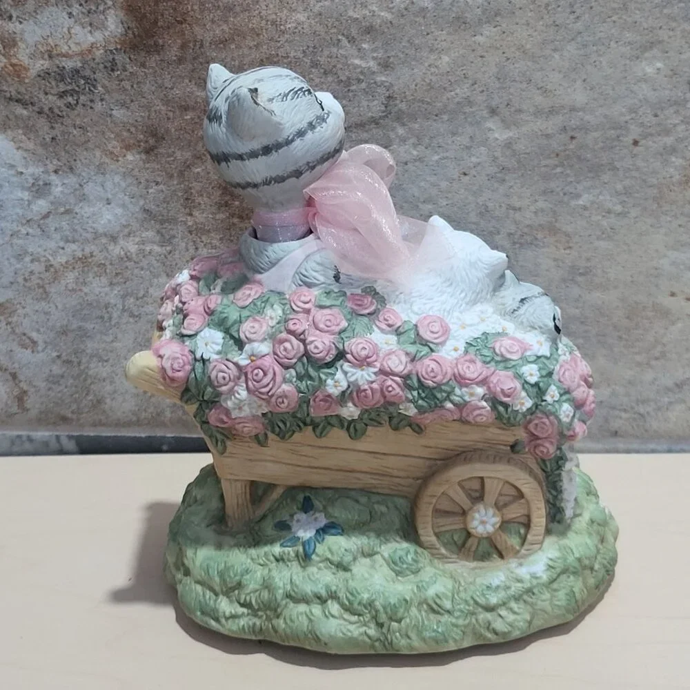 Porcelain Cats in Wheelbarrow Wind Up Music Box